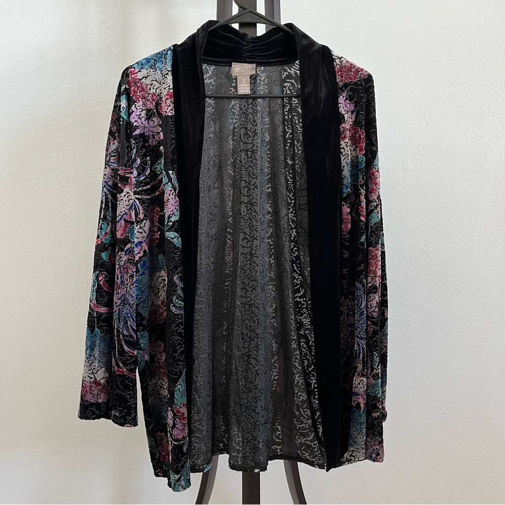 Chico’s Black Floral Semi Sheer & Flocked Velvet Open Front Cardigan Whimsigoth
